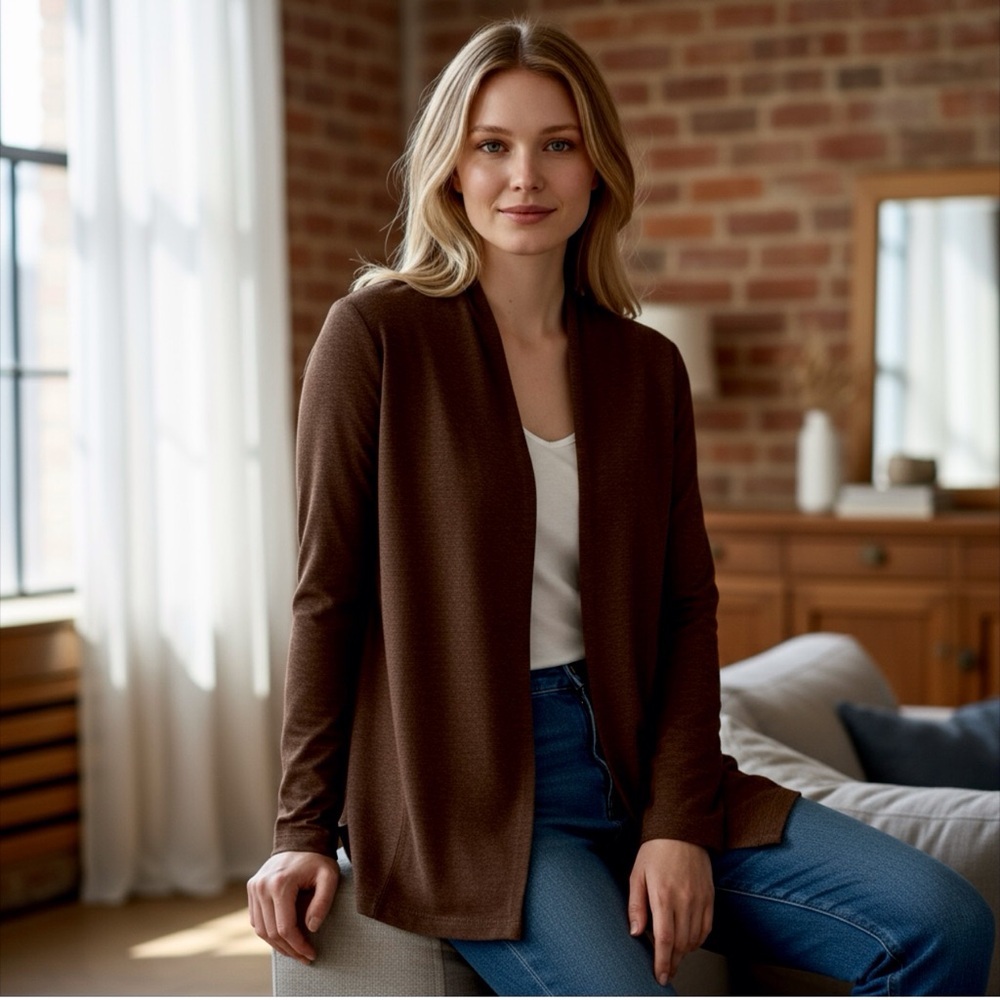 Eileen Fisher Open Front Sweater Cardigan Brown Medium